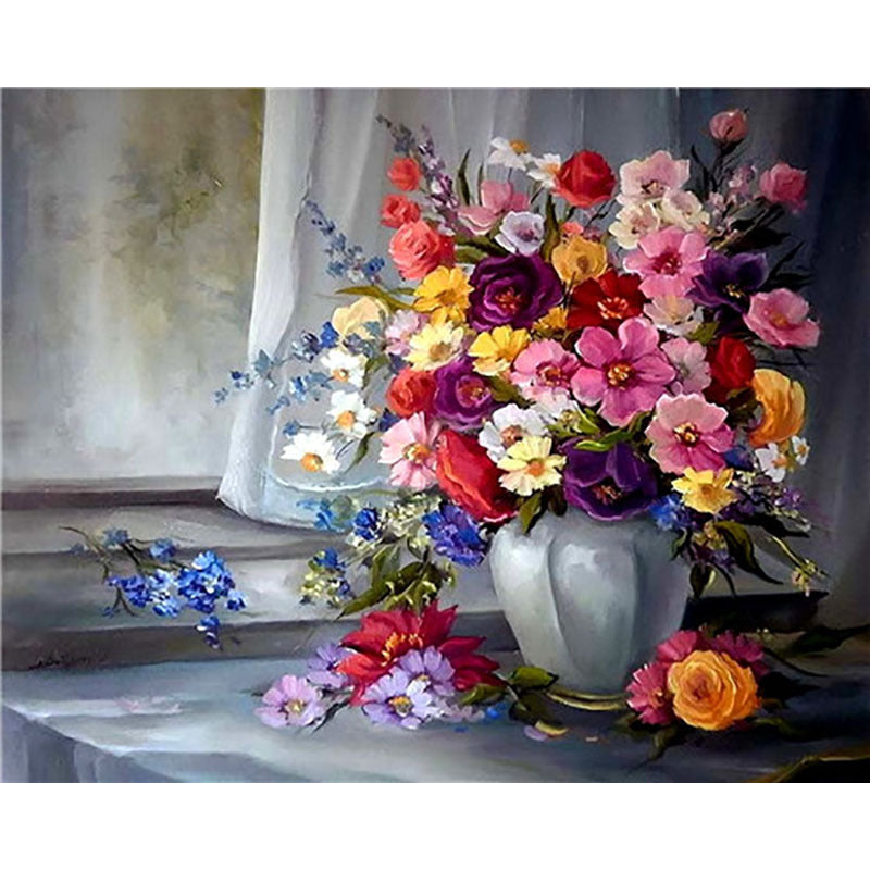 Adult Digital Oil Painting Of Flowers And Butterflies In Vases